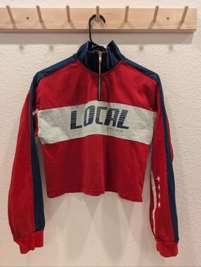 Forever 21 Red and Navy Cropped 1/4 Zip-Up Sweatshirt - F1 Vibes :)